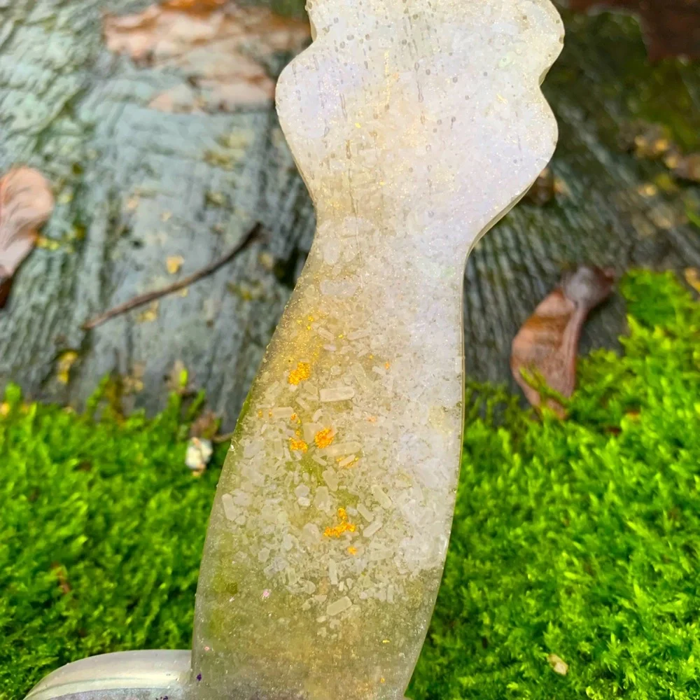 Pink clover and lichen resin dagger wall hanging